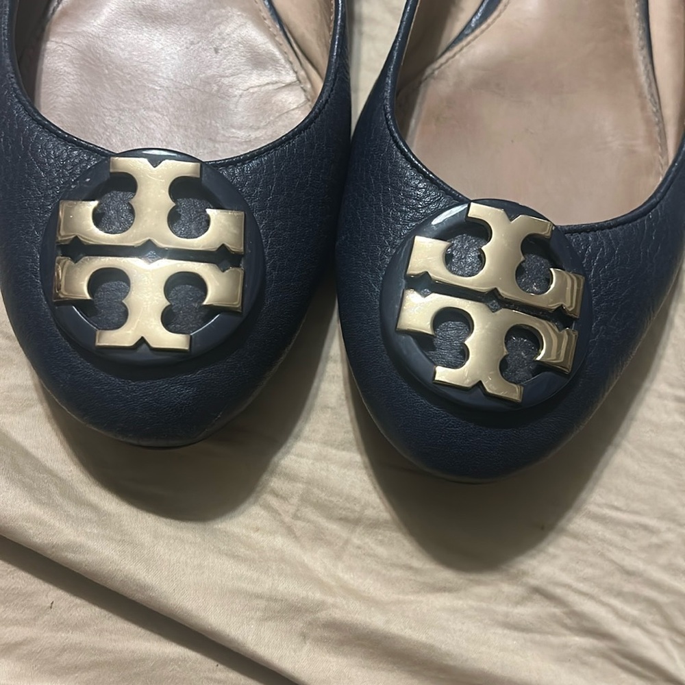 Tory Burch Blue Gold Ballet Flats with Logo
